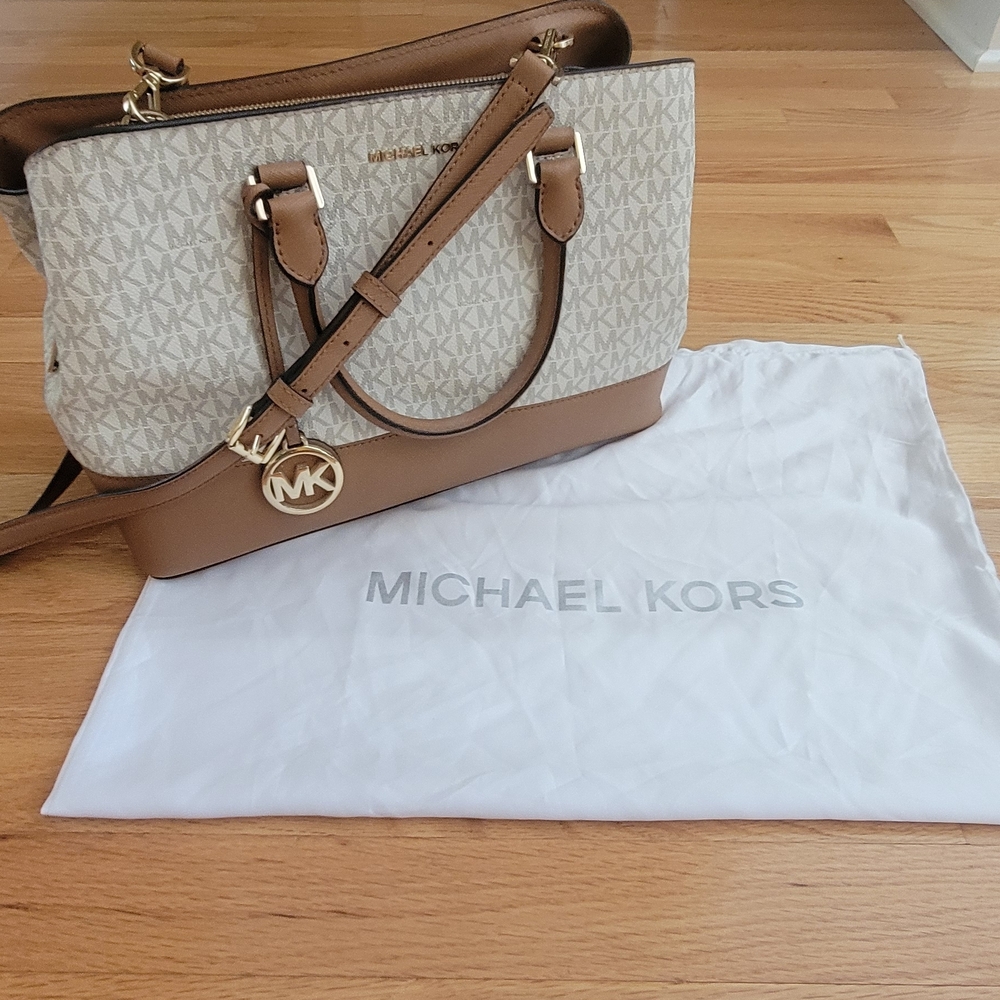 Michael Kors Savannah Brown and Cream Satchel with Monogram Print